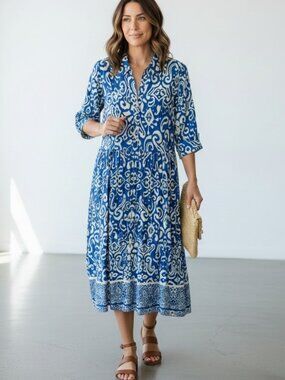 Entro NWT Blue Paisley Midi Dress Collared Button Front Pockets Sz L